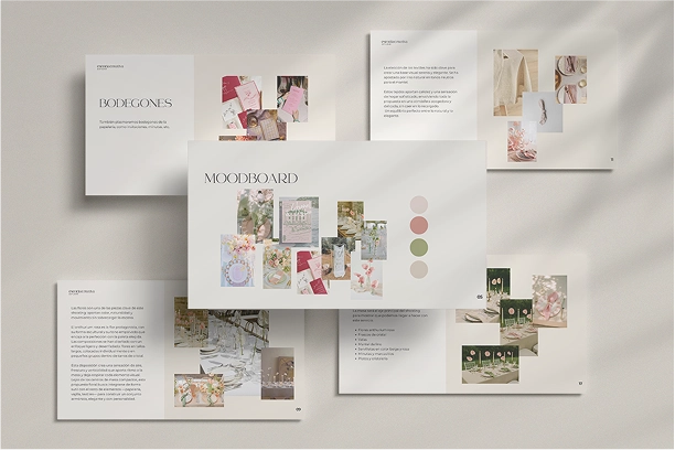 Vista general de un dossier de identidad visual para boda, con moodboard, paleta de colores, referencias de estilo y piezas de papelería nupcial.